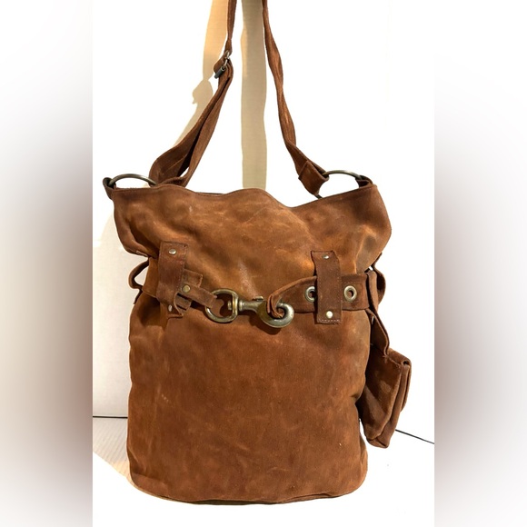 Vintage Brown distressed suede crossbody with pocket at side Bag